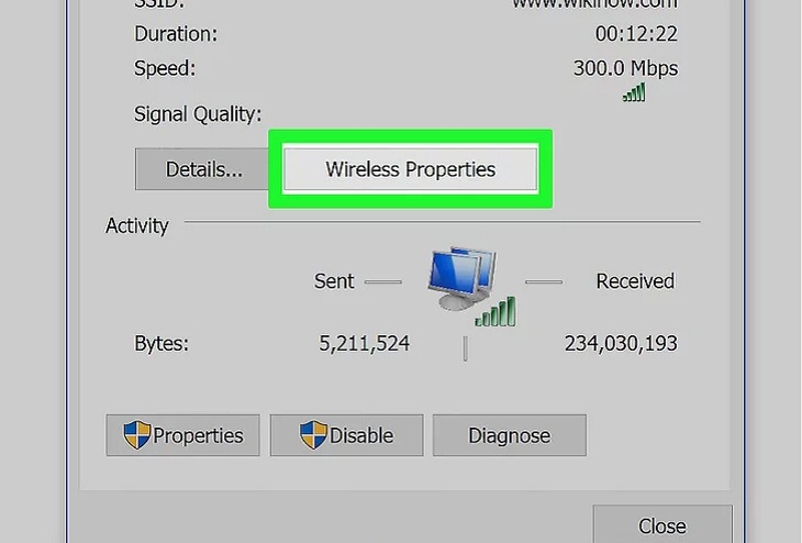 Khung cửa sổ mới xuất hiện, bạn chọn Wireless Properties.