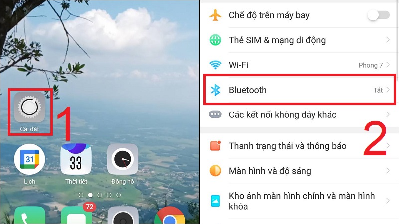 Cách kết nối điện thoại Android với máy tính thông qua bluetooth = Bước 1: Bạn mở bluetooth trên điện thoại của bạn lên bằng cách mở mục Cài đặt -> bật Bluetooth.