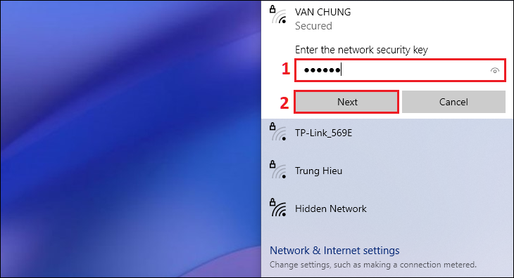 Nhập mật khẩu > Nhấn Next để kết nối Wi-Fi